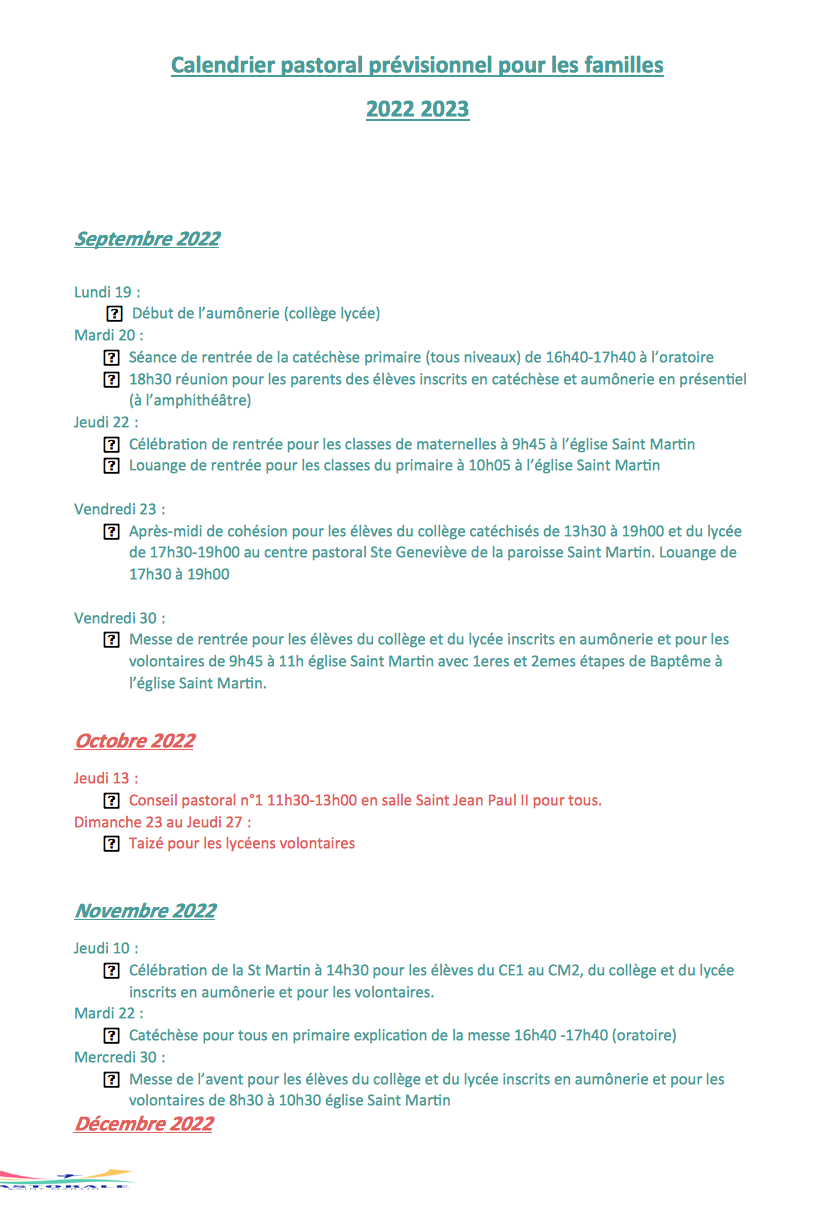 Extrait du calendrier Pastoral 2022-2023