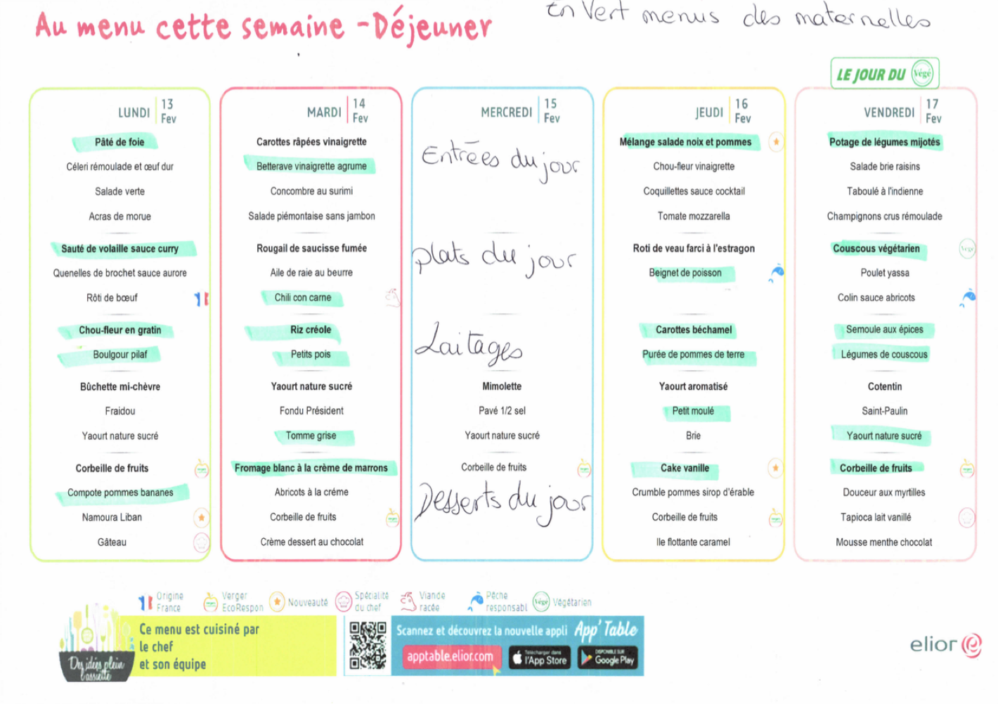 Menu 13-17 Février 2023