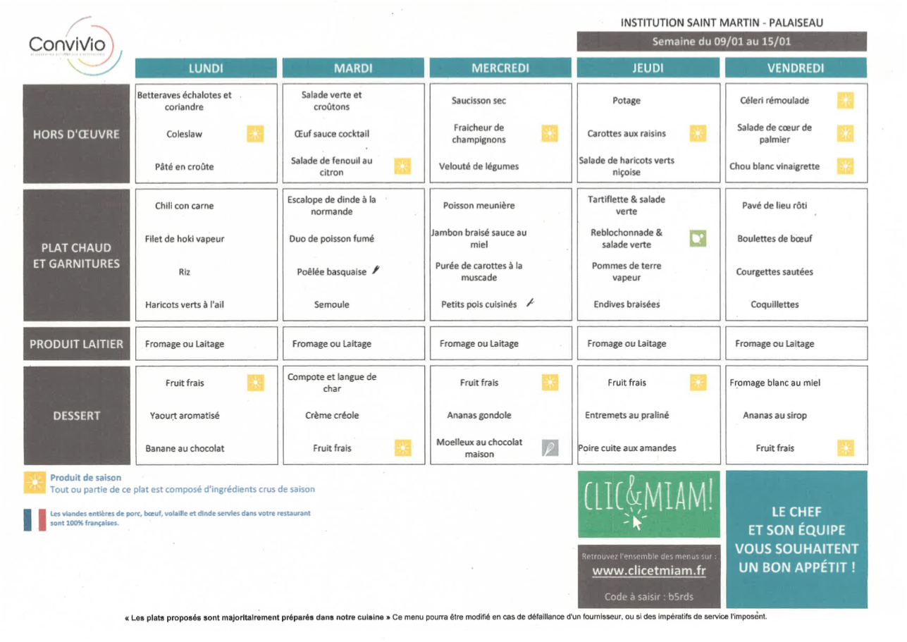 Menu du mois pour les professionnels